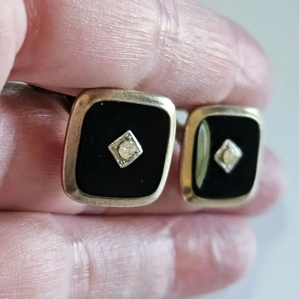 Gold Tone With Black Cufflinks Clear Rhinestone Vintage